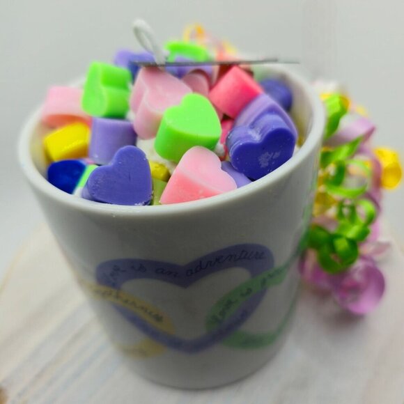 Handmade ✦ Love Is… Ceramic Mug Candle ✦ Rainbow Heart Wax Sherbet Scent NWT - Picture 3 of 10